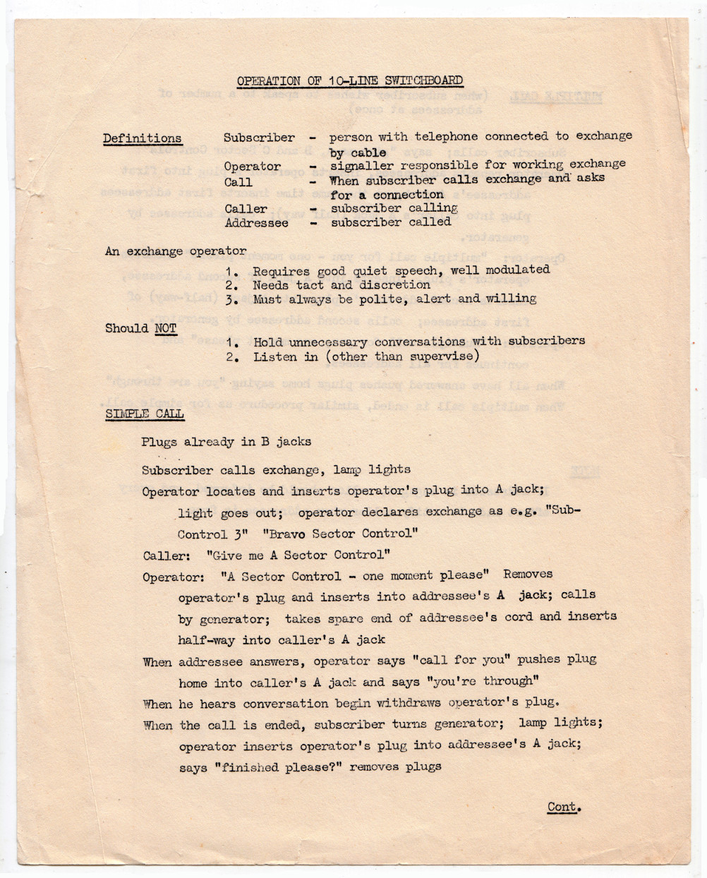 Operating instructions for 10-line telephone switchboard, page 1