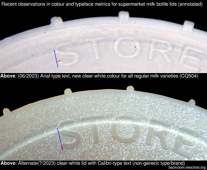 Comparison of recent clear-white lid with Arial typeface (top) and similar lid with Calibri typeface (bottom).