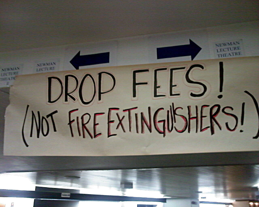 A poster remarking on the protests at Millbank tower in London, where a fire extinguisher was thrown from the roof of the building.