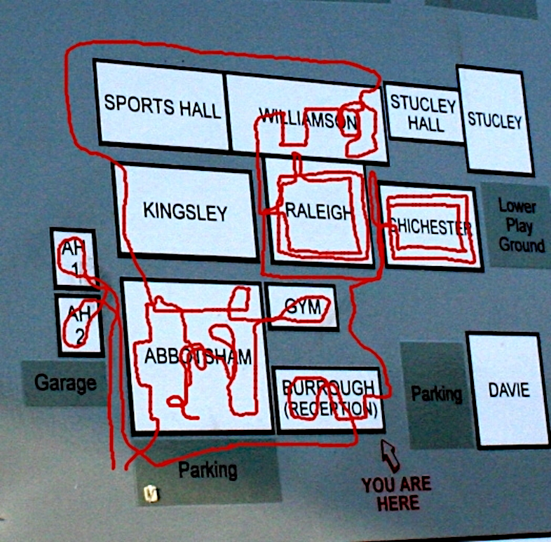 Another map of the old site, with my own additions of the approximate route I took in 2010.