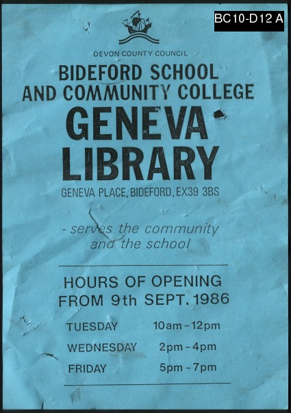 A poster (front) about the public library at Geneva Place, 1986.