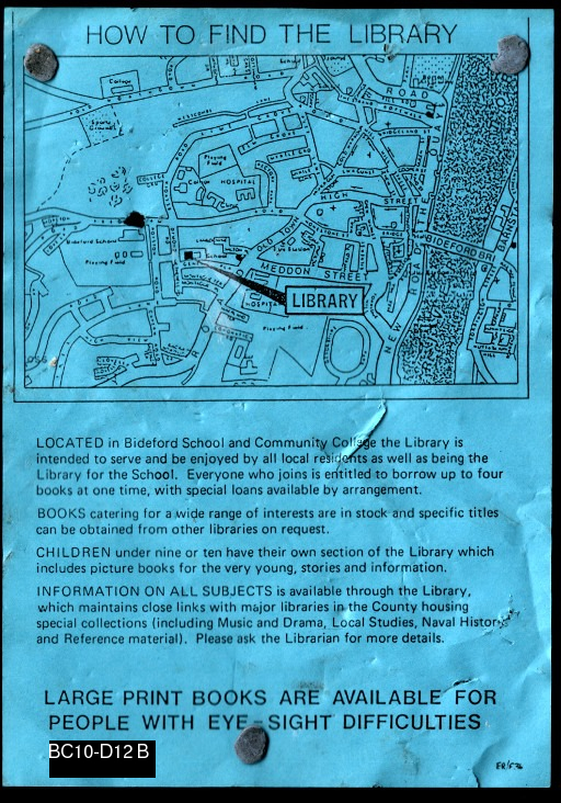 A poster (back) about the public library at Geneva Place, 1986.