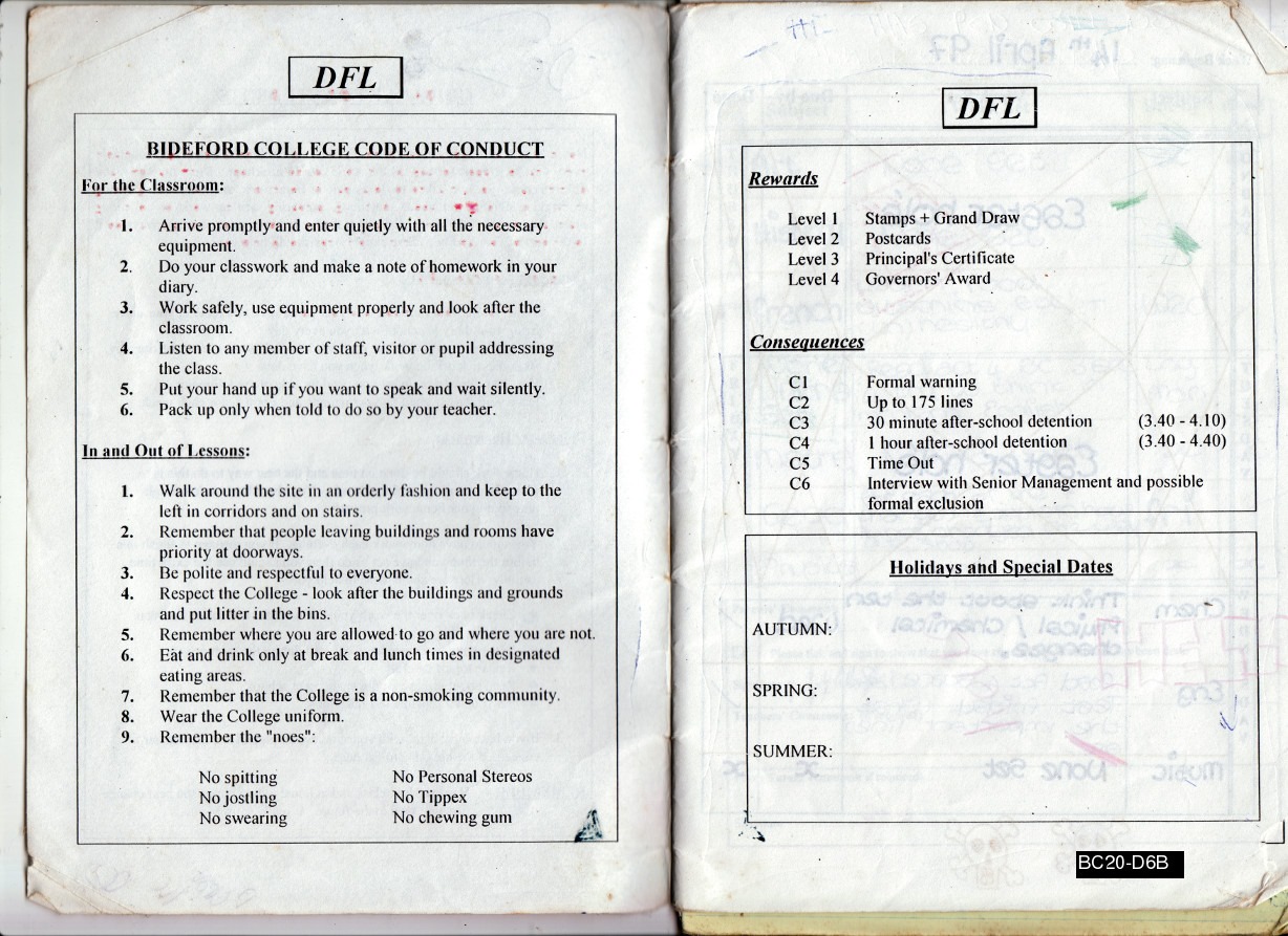 Second and third pages of Bideford College homework diary, showing the DFL Code of Conduct. 1997