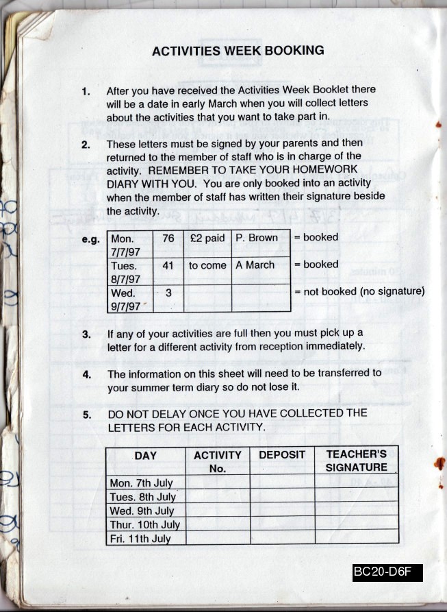 The centre (back) page, on which was information about Activities Week. 1997