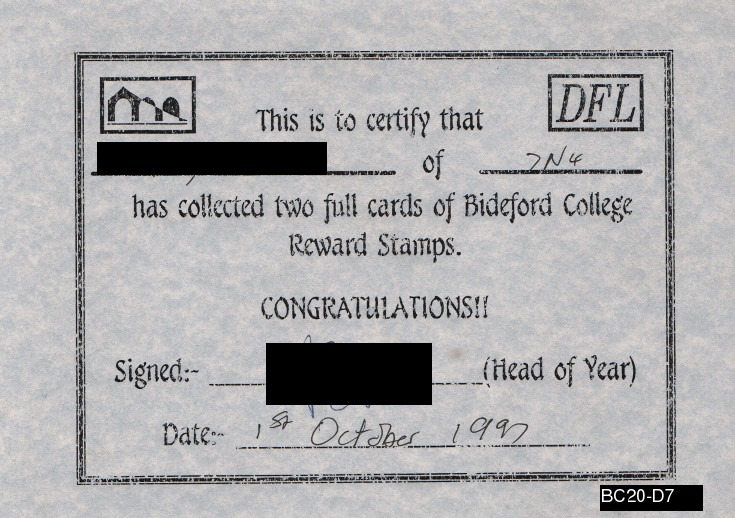 This certificate is awarded for collecting two of the pink cards full of stamps...