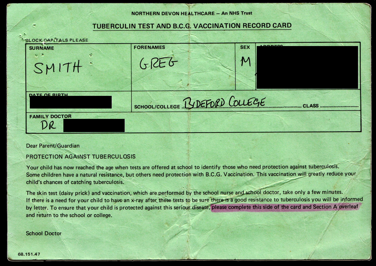This picture shows a scan of the partially completed Heaf test record card.