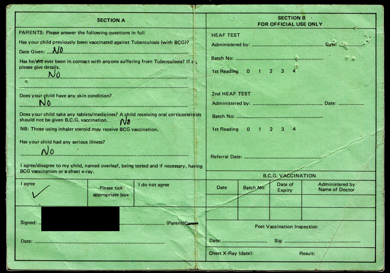 This picture shows a scan of the reverse side of the partially completed Heaf test record card.