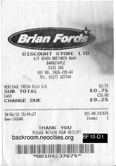 Receipt from Brian Ford's Discount Store, 18/6/2010