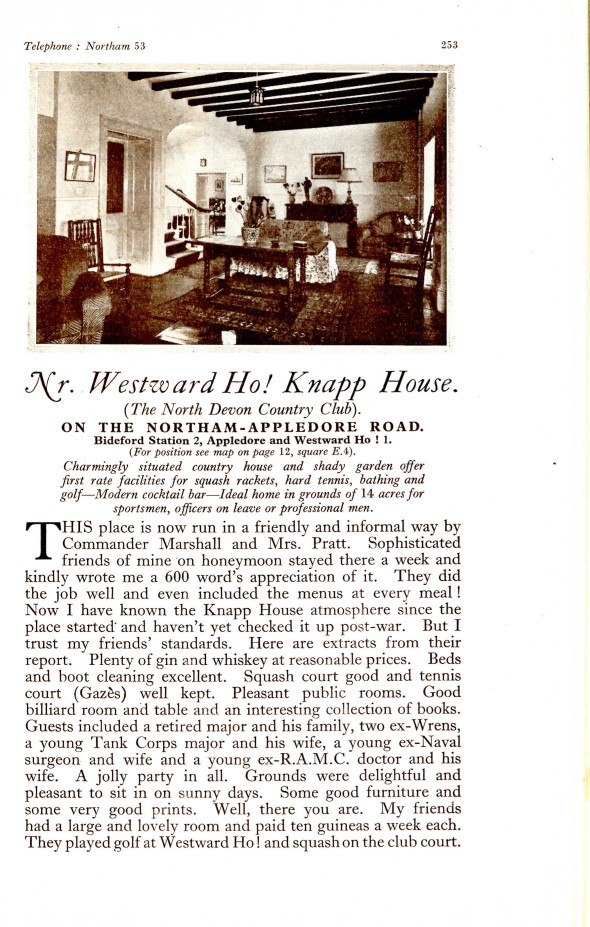 Entry in the 1947 edition of Signpost, Independent Guide to Pleasant Ports of Call (McMinnies, W. G.) for Knapp House (p. 253).