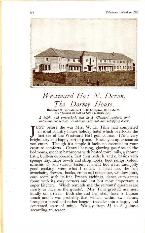 Entry for the Dormy House, Westward Ho! (p. 252) in the 1947 edition of Signpost, Independent Guide to Pleasant Ports of Call (McMinnies, W. G.)