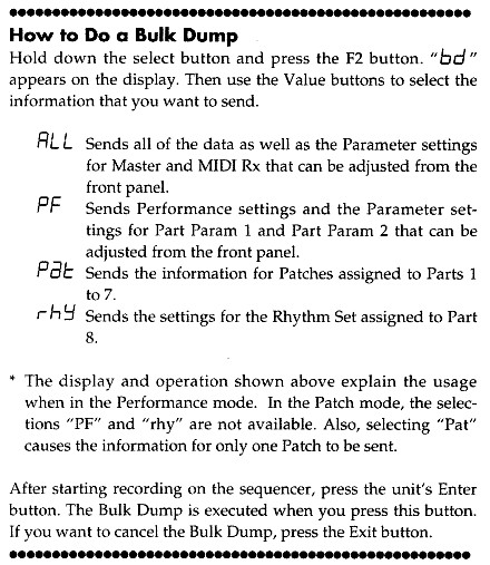 Bulk sysex dump procedure, from p.6 of the manual.
